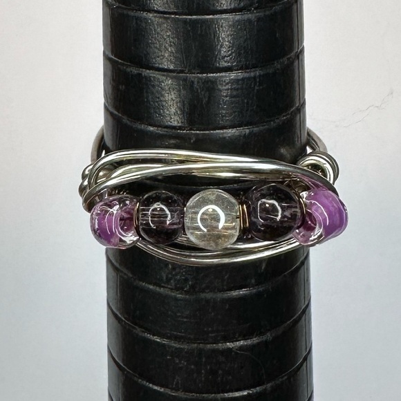 Purple ring handmade silver color wire wrapping glass beads - Picture 1 of 5